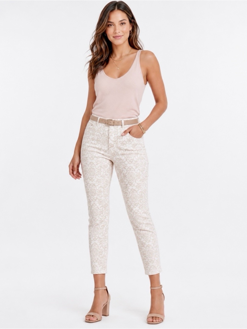 WHBM Scroll Print Cropped Skinny Jeans 8 Cream White